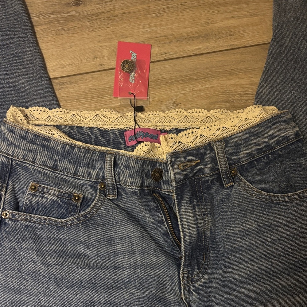 Edikted High Rise Blue Jeans with Cream Lace Trim